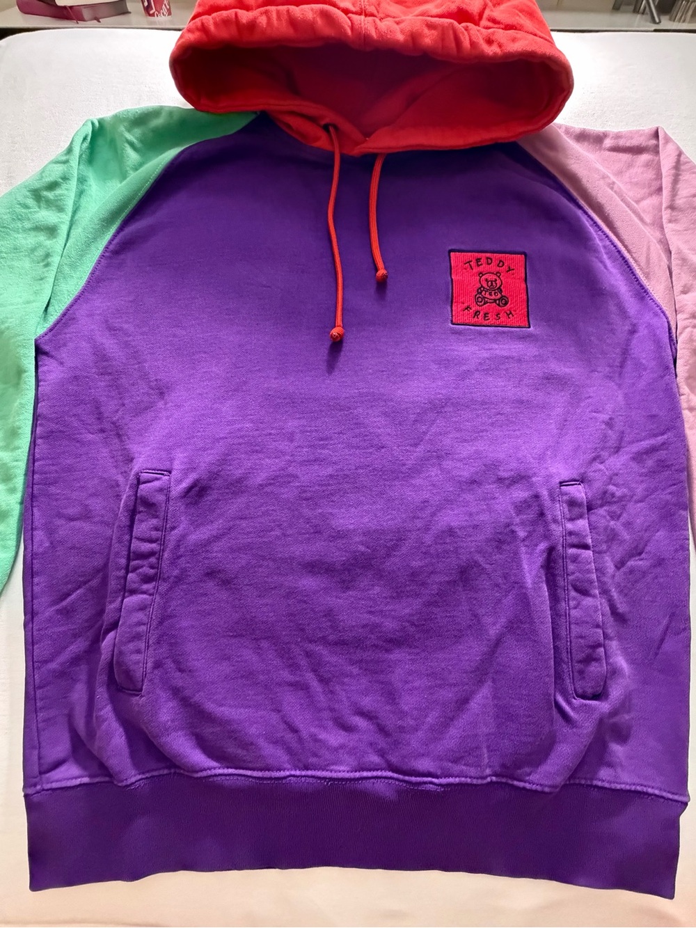 Teddy Fresh Purple Colorblock Hoodie with Red Hood and Mint & Pink Sleeves